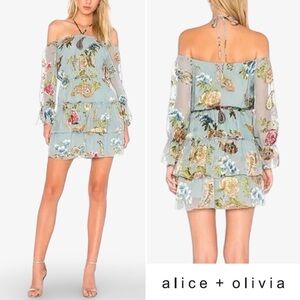 Alice + Olivia Waylon Off-the-Shoulder Blouson Dress Icy Aqua 2 GUC